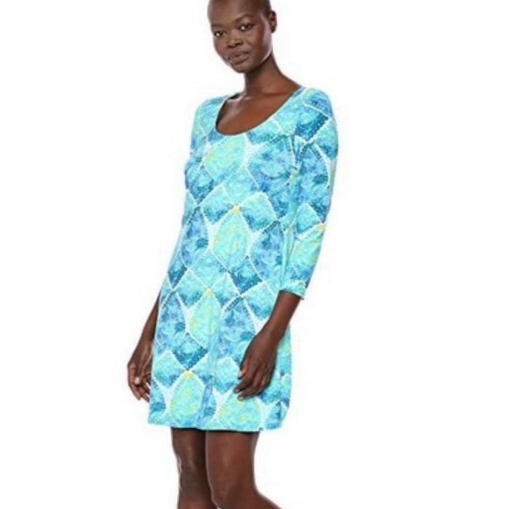 Pappagallo Turquoise Print Erin Vneck 3/4 Sleeve Dress Size 1X